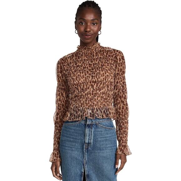 Free People Hello There Top Leopard Print Mesh Long Sleeve Ruched - Picture 14 of 14